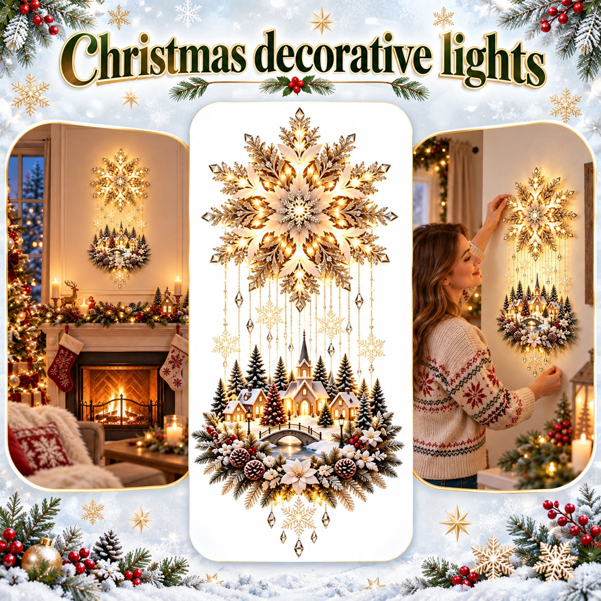 Christmas Staircase Banister Decor Set of 5 Lighted Santa Snow Scene Garland for Stair Railing Indoor Seasonal Home Ornament