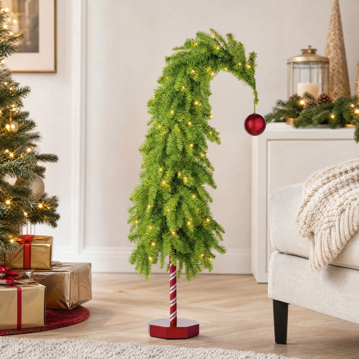 MInHoues 4.5Ft Whimsical Christmas Tree with Lights, Pre‑Lit Warm LED Bent Christmas Tree with Red Ornament, Candy Cane Base Tabletop Holiday Decor, Battery Operated Curved Xmas Tree for Home Party
