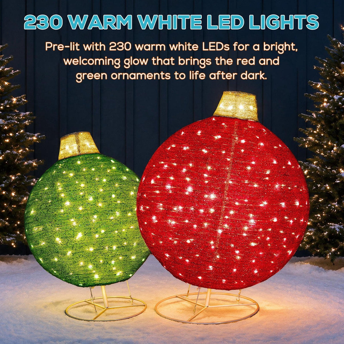 ROMSWI 2pc Iron Christmas Ornament Decoration Pop-up Hanging for Xmas Outdoor Holiday w/230 LED Light Assorted Colors - 30" & 24" Set