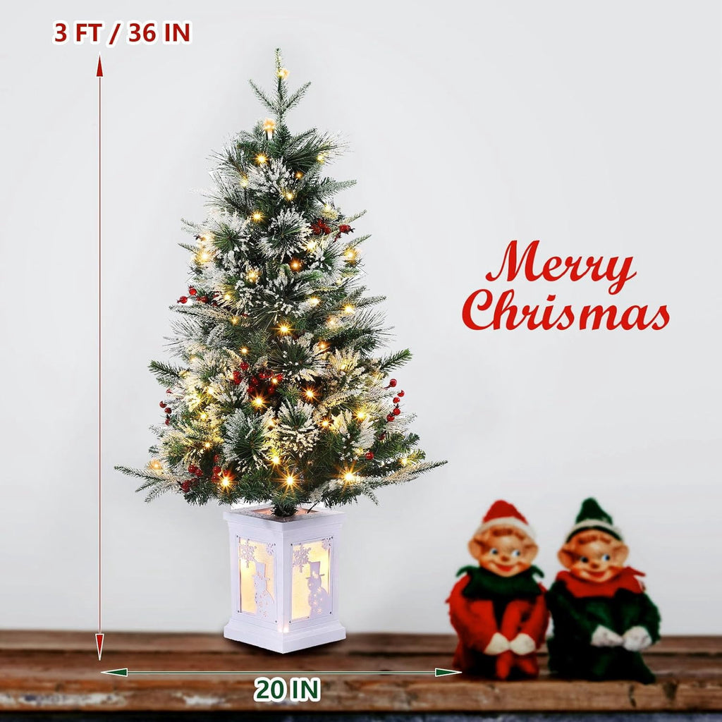 Flarhetoric 3FT Pre-Lit Snow Flocked Artificial Christmas Tree, 78 Warm White LEDs, 8 Lighting Modes, Red Berries, Easy Assembly, Tabletop Xmas Tree for Desk or Table Holiday Decor, Linen Base