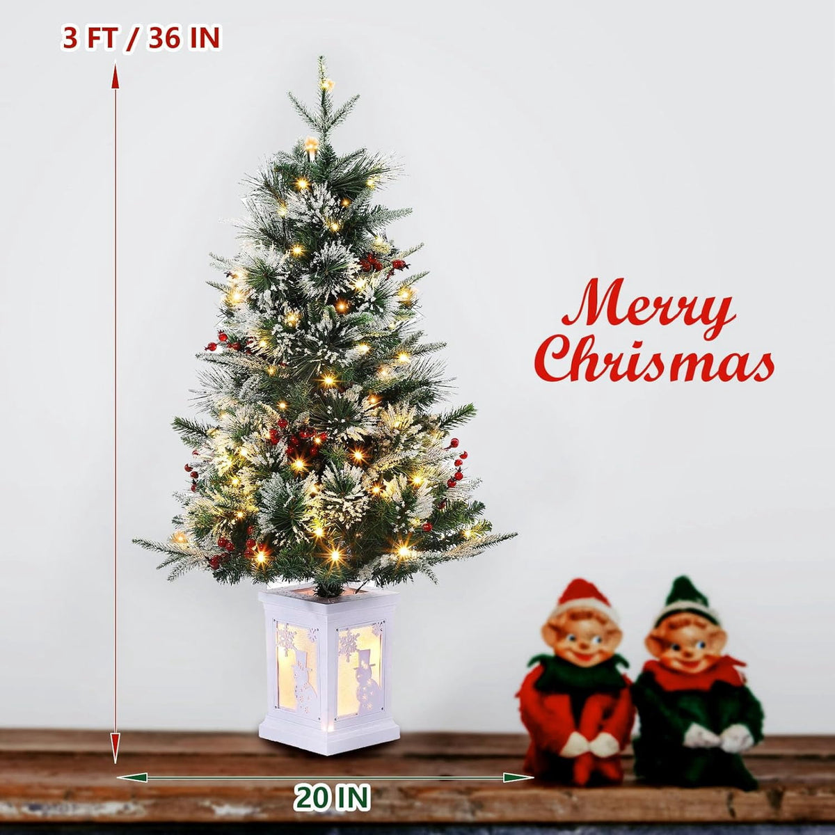 Flarhetoric 3FT Pre-Lit Snow Flocked Artificial Christmas Tree, 78 Warm White LEDs, 8 Lighting Modes, Red Berries, Easy Assembly, Tabletop Xmas Tree for Desk or Table Holiday Decor, Linen Base