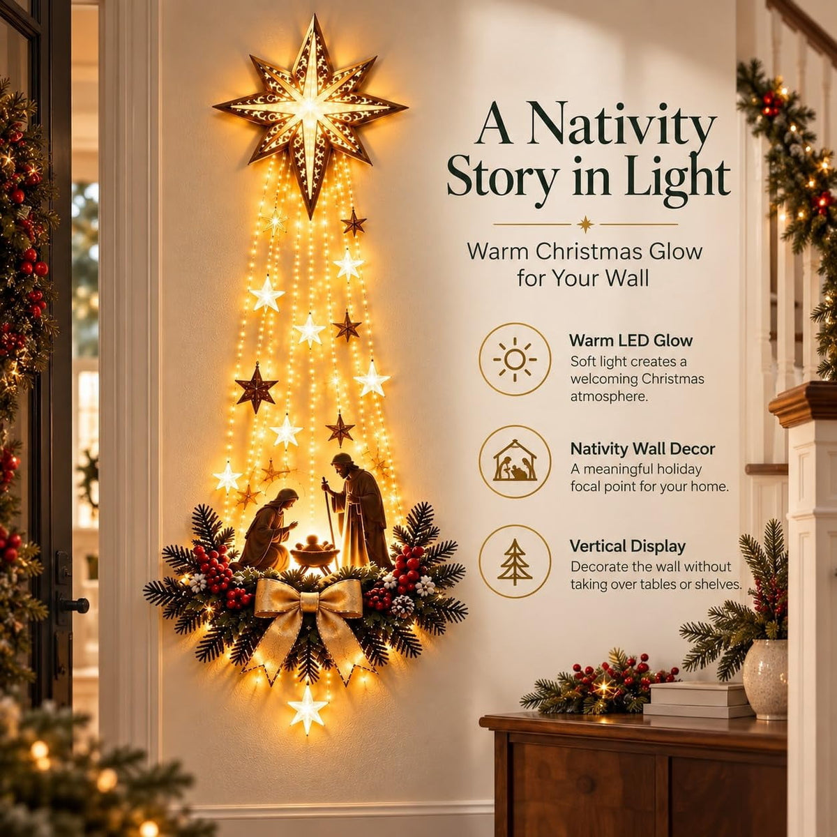 Lighted Angel Wall Decor, Bethlehem Star Christmas LED Hanging Decor