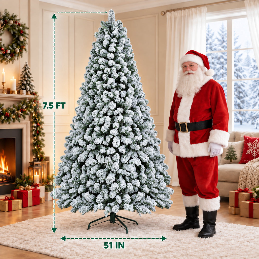 SUGIFT 7.5ft Artificial Snow Flocked Christmas Tree, 1450 Branch Tips, Unlit Holiday Decor with Metal Stand