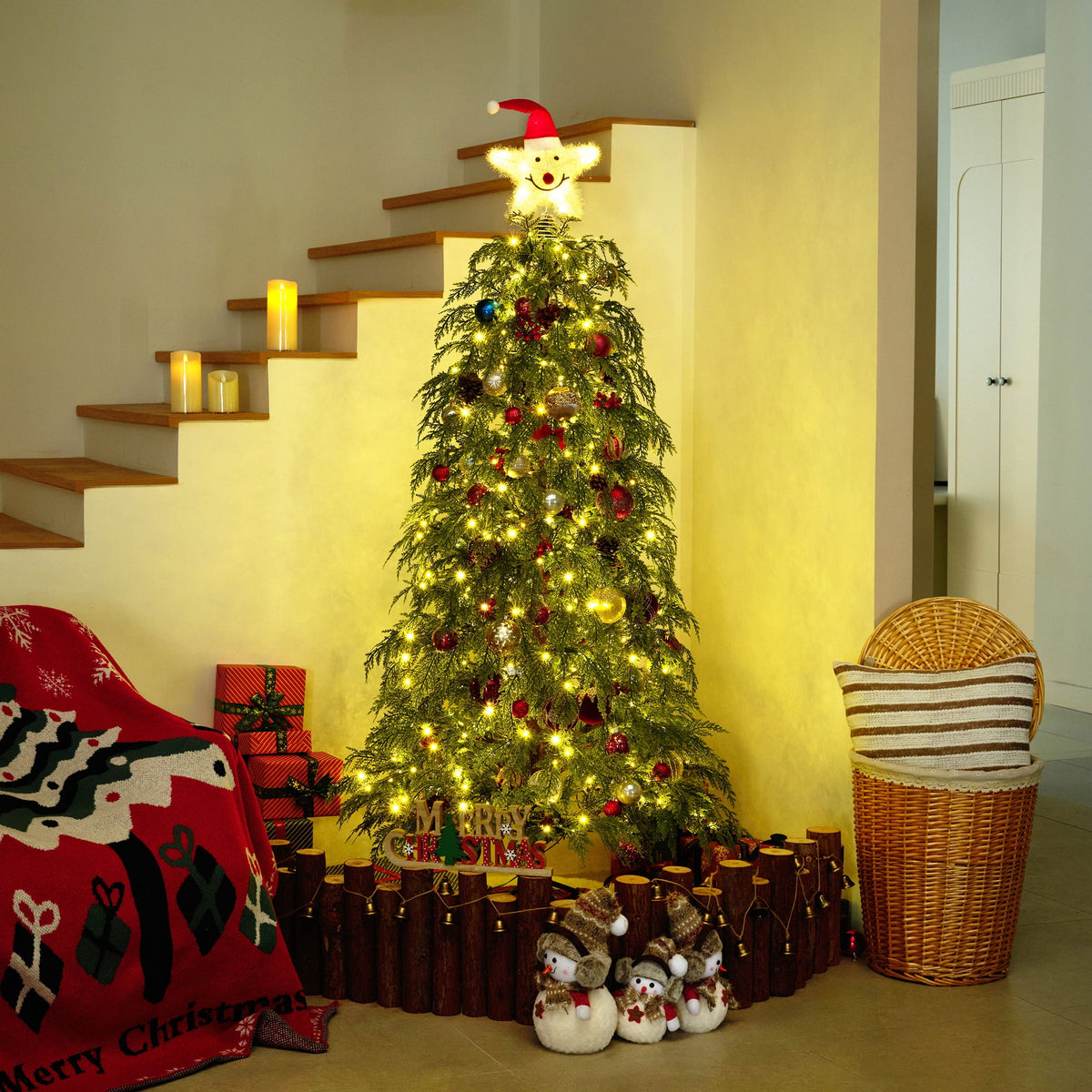 DR.Planzen 6' Pre-Lit Green Cypress Artificial Christmas Tree with 350 Warm White Twinkle LED Lights, Full-Bodied Xmas Tree with Metal Stand, Indoor Holiday Decoration