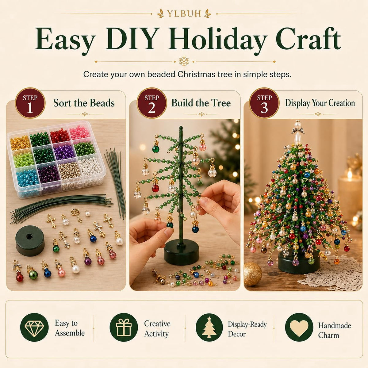 HIJUNE DIY Beaded Christmas Tree Kit, 3D Crystal Bead Holiday Craft Set, Colorful beads and wire, 3D tabletop tree design, compact holiday decor, creative Christmas project for adults