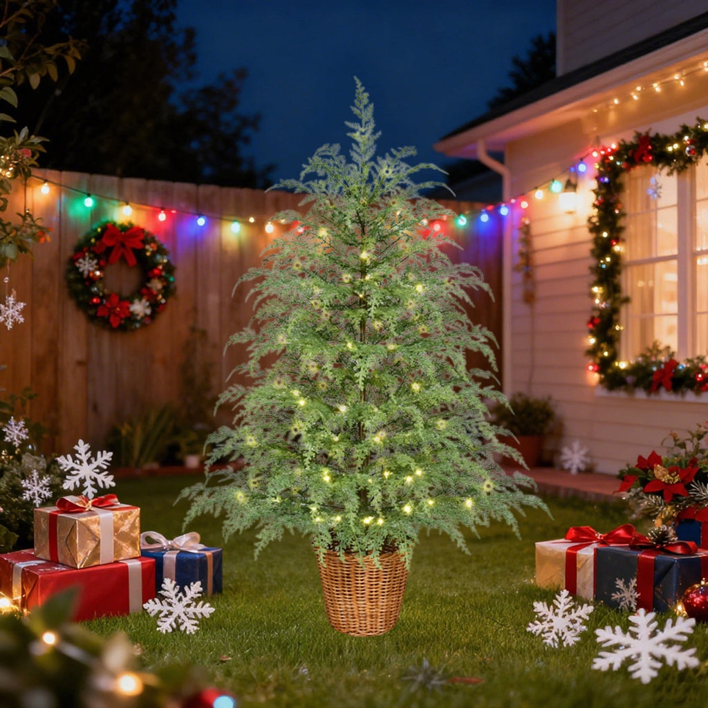 2 Set 4FT Lifelike Touch Artificial Cedar Topiary Trees for Front Porch | Fake Christmas Trees, Faux Potted Plants, UV Resistant Fake Greenery, for Front Door Garden Outdoor Farmhouse Home Decoration