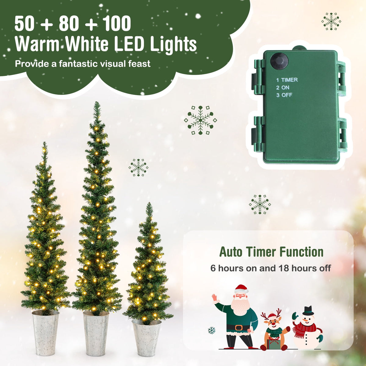 Costway 3' 4' 5' Artificial Christmas Tree Set with 30 + 50 + 70 LED Lights Holiday Decoration Tree