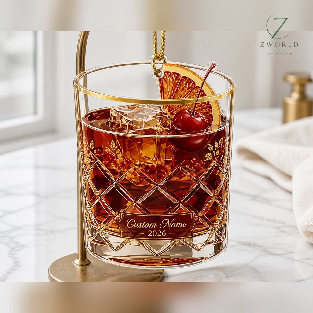 Whiskey Glass Ornament Personalized Name Acrylic Christmas Tree Decor Cocktail Lovers