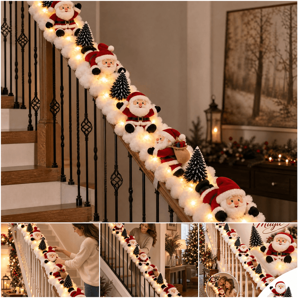 Christmas Staircase Banister Decor Set of 5 Lighted Santa Snow Scene Garland for Stair Railing Indoor Seasonal Home Ornament