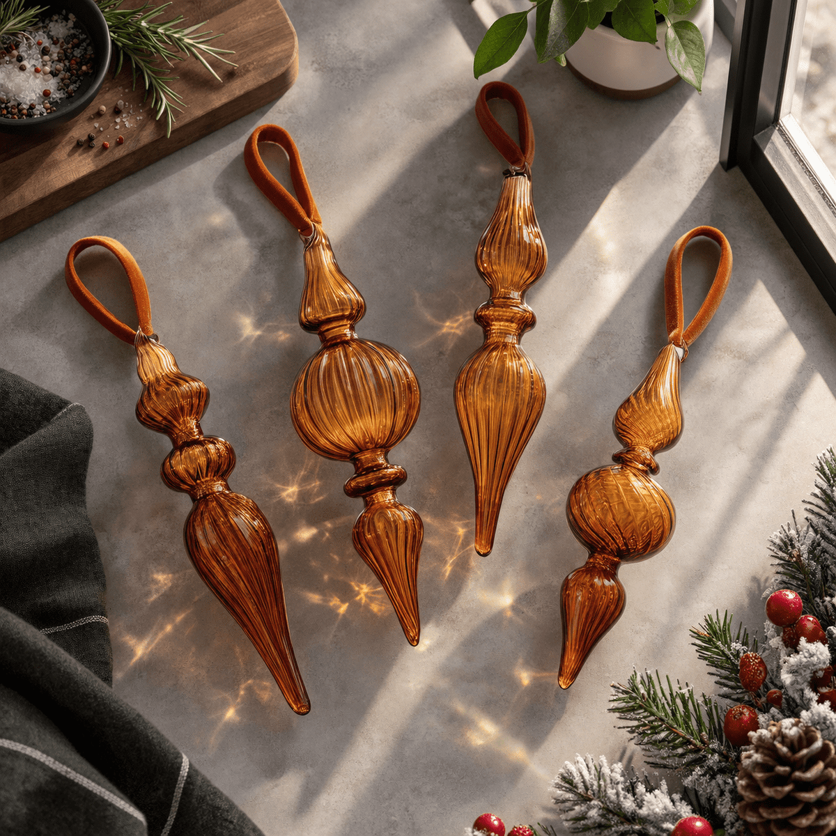 12 Burgundy Red Hand Blown Glass Finial Christmas Ornament Set