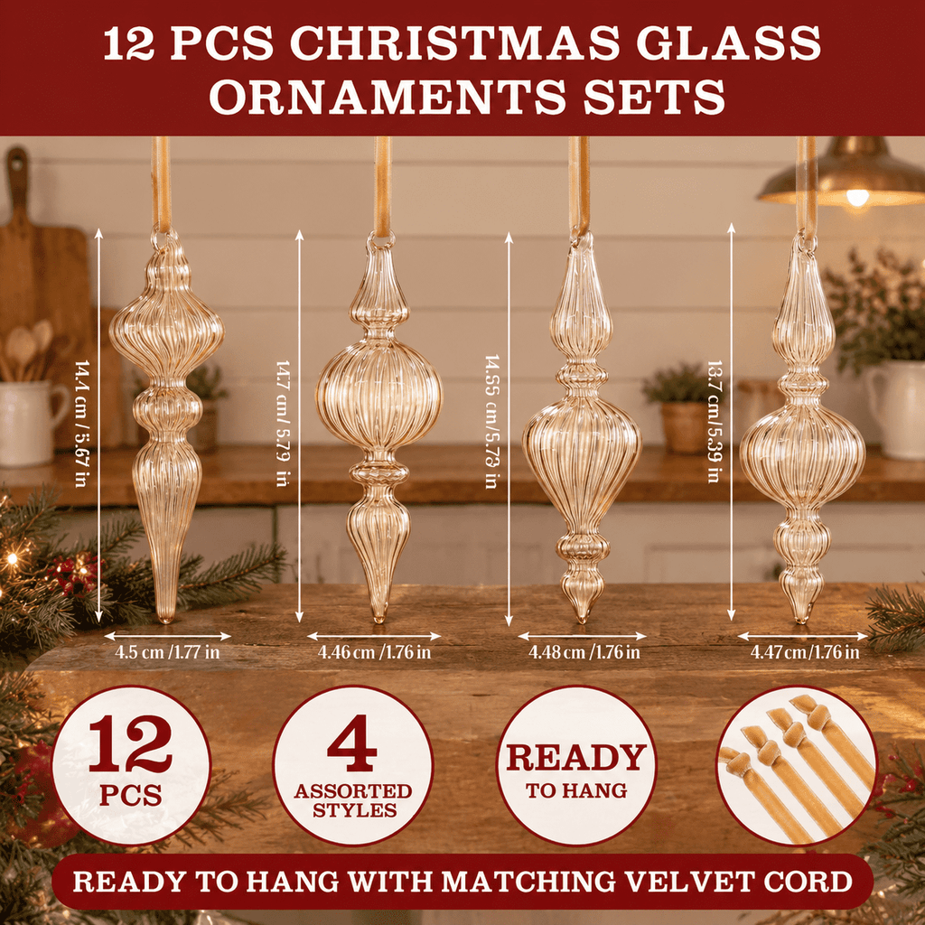 12 Burgundy Red Hand Blown Glass Finial Christmas Ornament Set