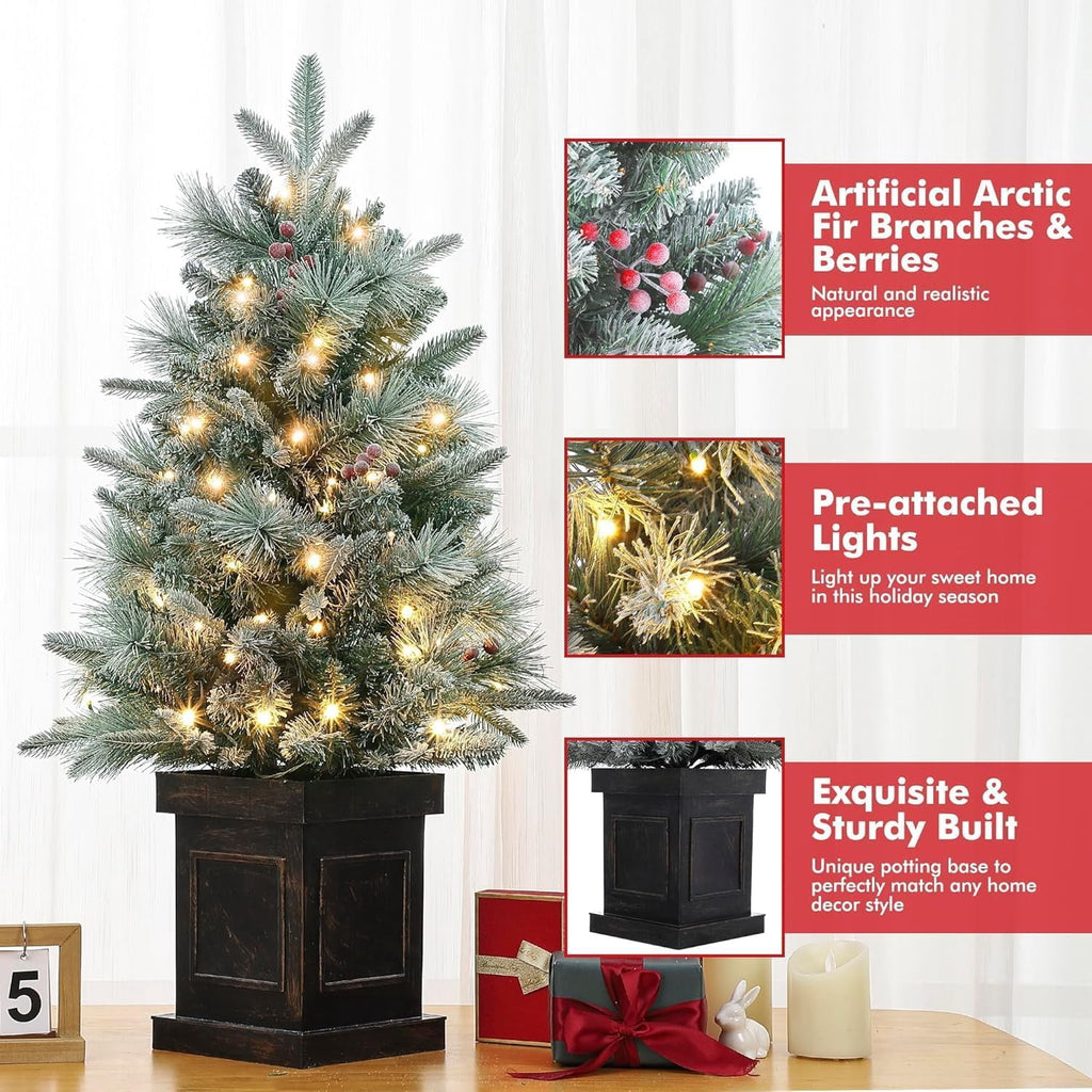 Flarhetoric 3FT Pre-Lit Snow Flocked Artificial Christmas Tree, 78 Warm White LEDs, 8 Lighting Modes, Red Berries, Easy Assembly, Tabletop Xmas Tree for Desk or Table Holiday Decor, Linen Base