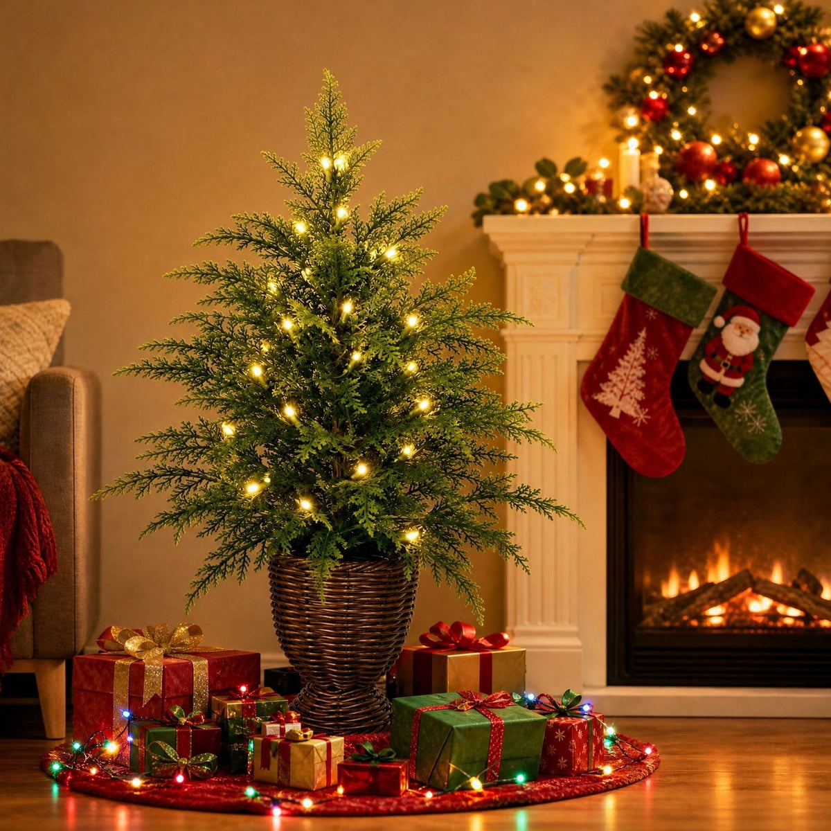 Potted Christmas Tree, 47 Inch Artificial Spruce With Woven Basket And Warm White LED Lights, For Entryway, Living Room, Porch - Style 1 - 47 Inch