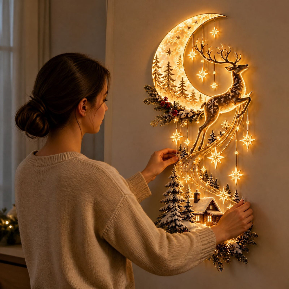 5Pcs Christmas Stair Banister Decoration Lighted Santa Snow Scene Garland for Stair Railing Indoor Holiday Home Ornament