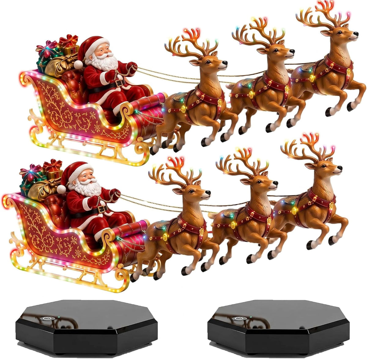 Christmas Santa Sleigh Reindeer Figurine, Resin Santa Claus with Reindeer Sleigh Statue, Holiday Desktop Home Decor Ornament for Xmas Party