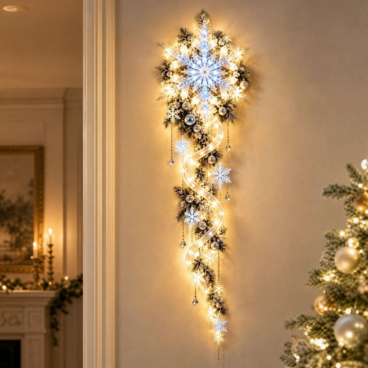 5Pcs Lighted Santa Christmas Stair Railing Decor Snow Scene Staircase Banister Garland with Warm Lights for Indoor Holiday