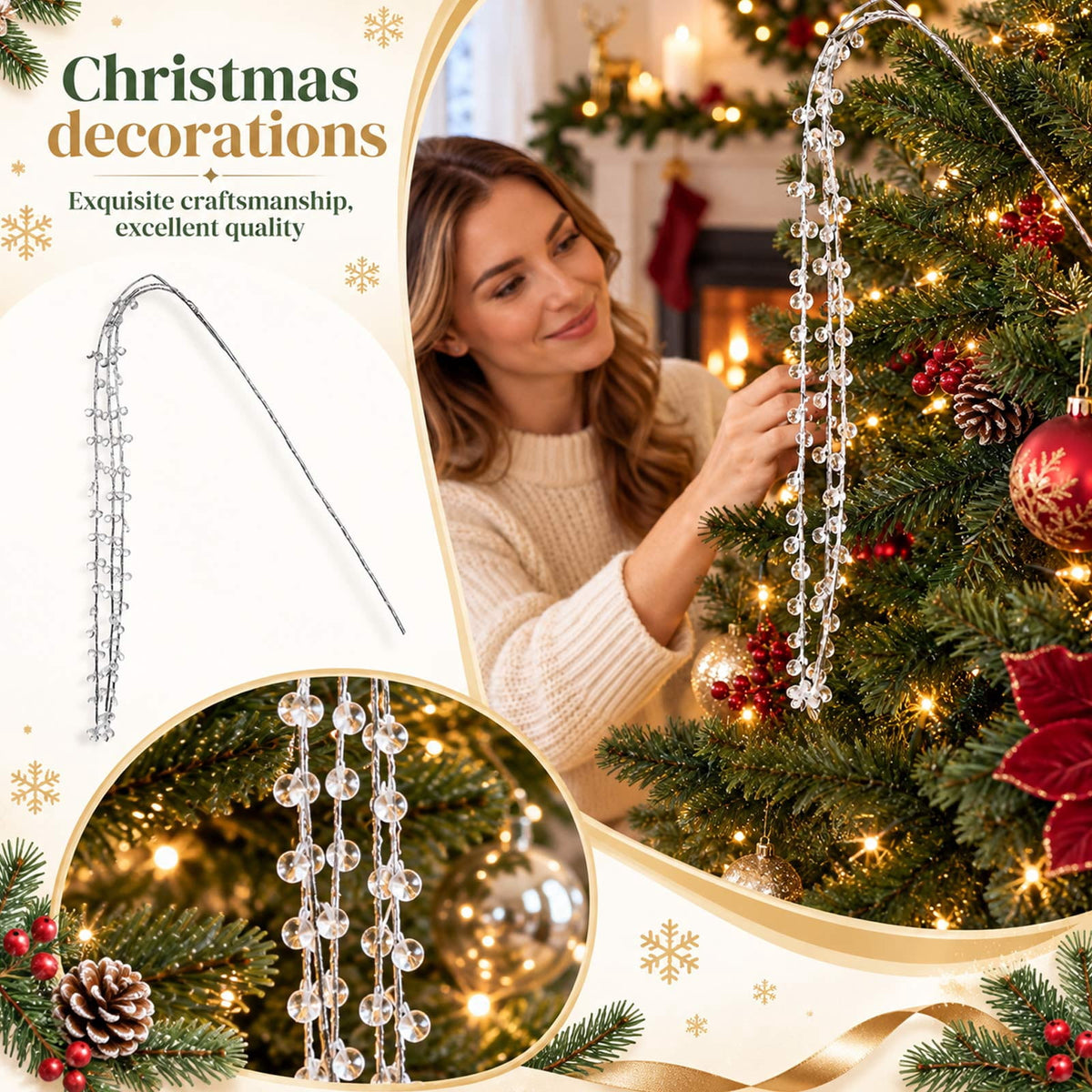 10Pcs Christmas Tree Acrylic Crystal Branch Picks, Sparkling Icicle Drop Ornaments, Beaded Garland Decor for Holiday Party, Wreath and Table Centerpiece