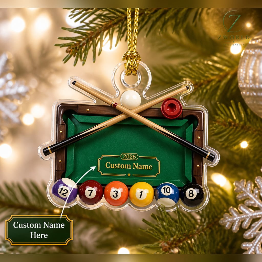 Christmas Tree Ornament Billiard Pool Table Crossed Cues and Numbered Balls Acrylic Hanging Holiday Decor