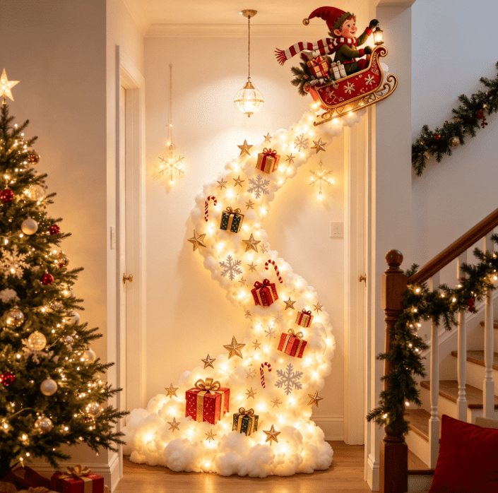 5Pcs Lighted Santa Christmas Stair Railing Decor Snow Scene Staircase Banister Garland with Warm Lights for Indoor Holiday