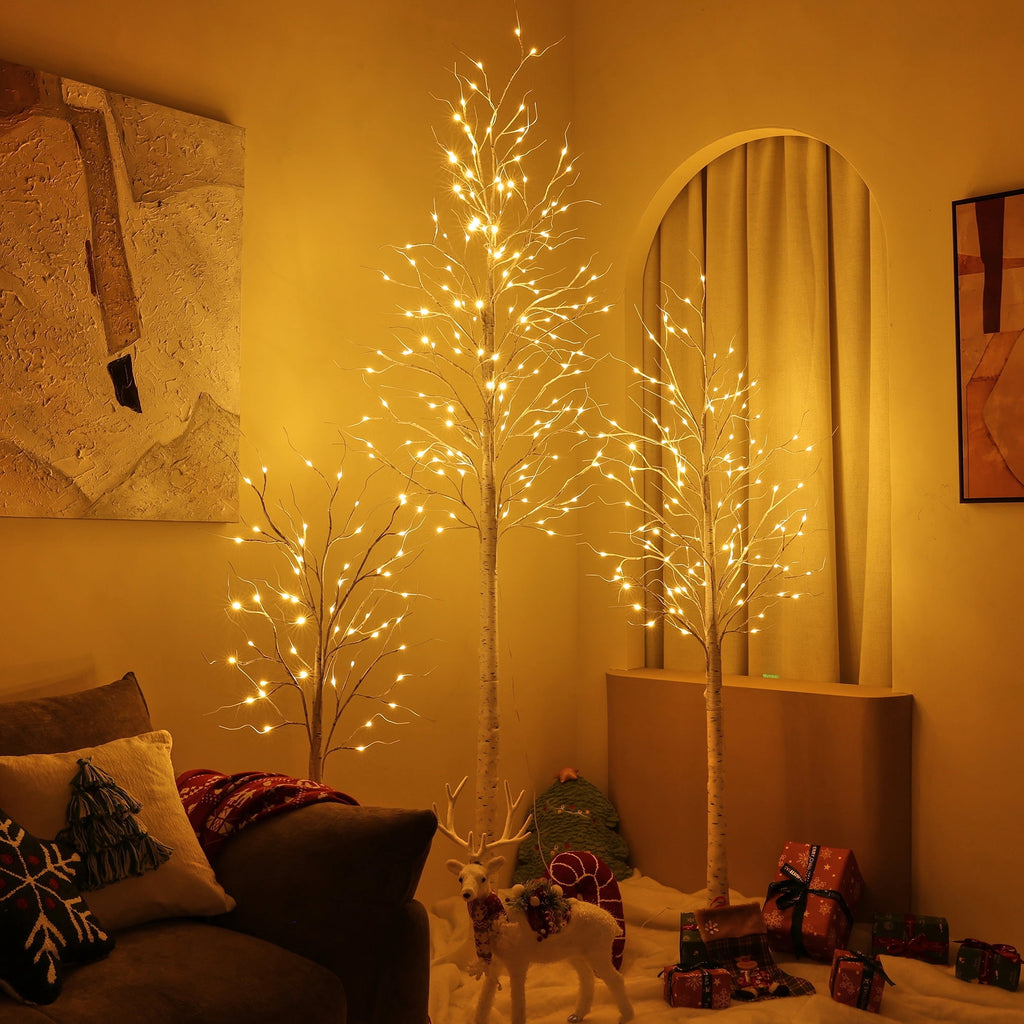 DR.Planzen LED Birch Tree Light Set - 4ft, 6ft, 8ft Artificial Pre-lit Trees - with Plug-in Warm Lights - Indoor Outdoor Christmas Holiday Wedding Decor for Home Party (3-Pack)