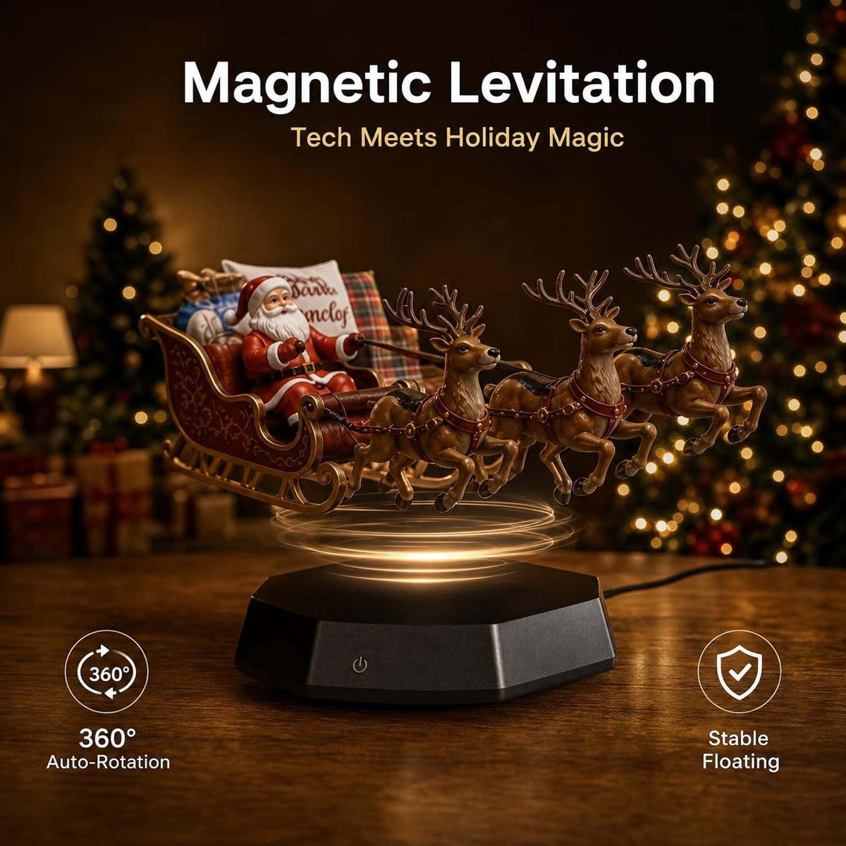 Floating Santa Sleigh,Magnetic Levitation Santa's Flying Sleigh Ornament, Santa's Flying Sleigh,Christmas Display with Built‑In Warm LED Lighting for Home,Office,Shelf & Holiday Party