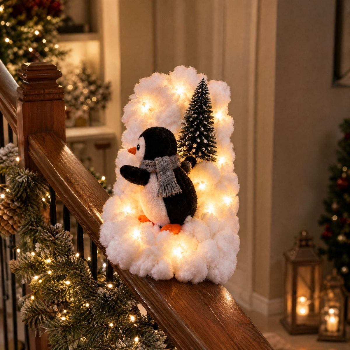 5Pack Penguin Christmas Stair Snow Decor Set,Festive Railing Accent with Playful Winter Scene,
