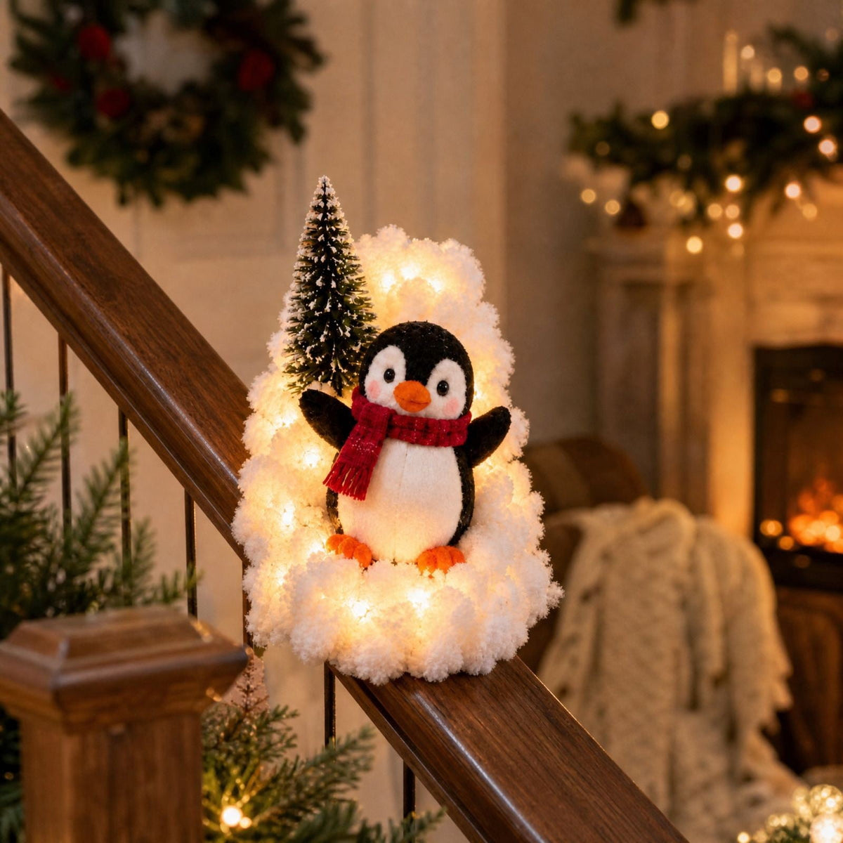 5Pack Penguin Christmas Stair Snow Decor Set,Festive Railing Accent with Playful Winter Scene,