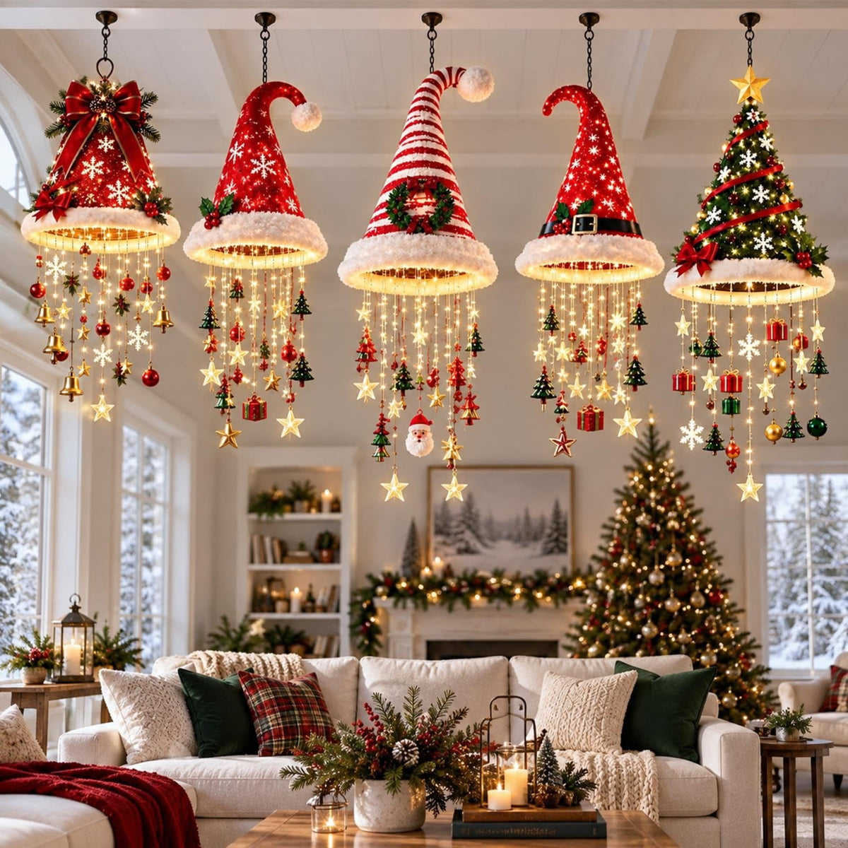 Lighted Santa Hat Hanging Chandelier Christmas Hat Lamp Decoration Indoor