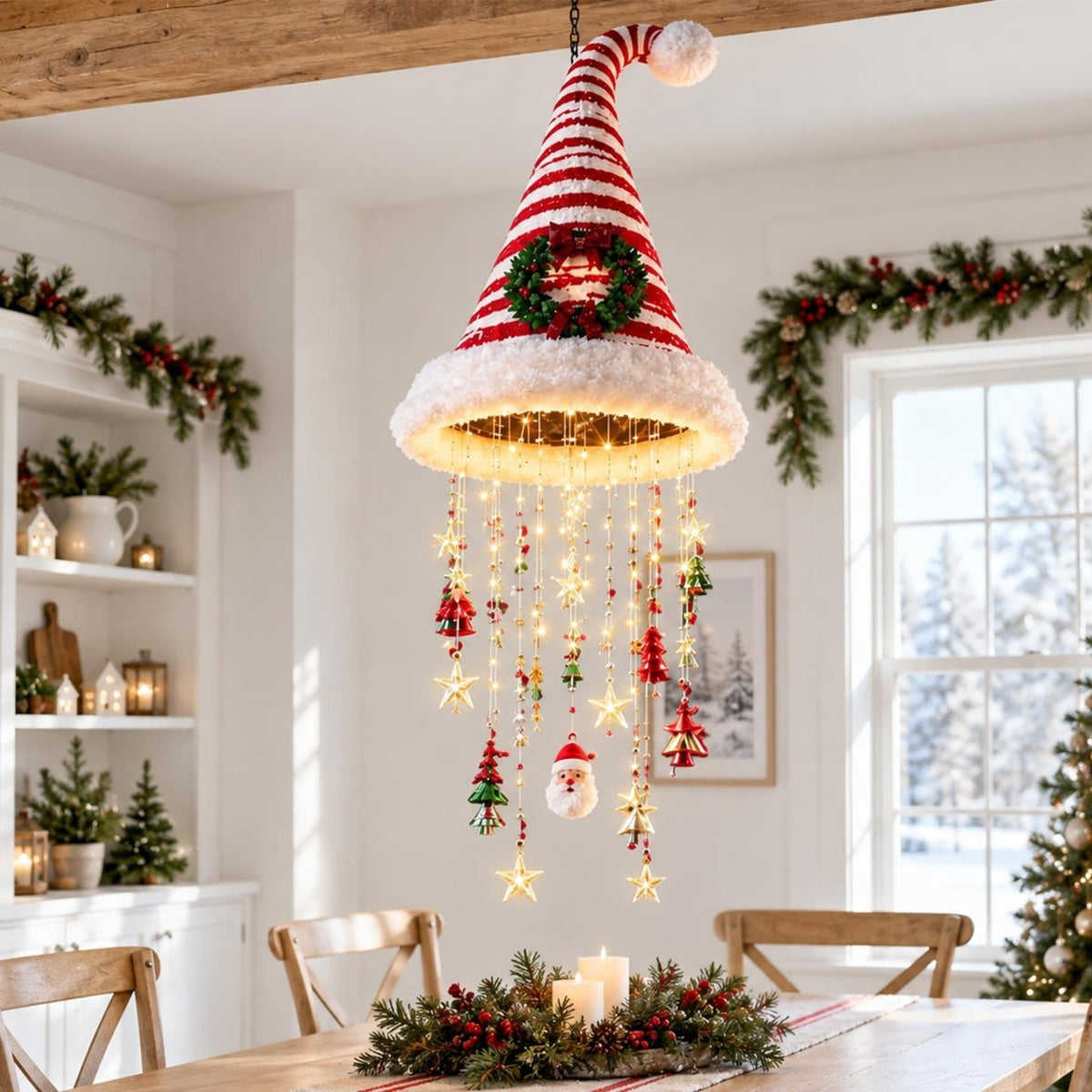 Lighted Santa Hat Hanging Chandelier Christmas Hat Lamp Decoration Indoor