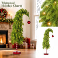 MInHoues 4.5Ft Whimsical Christmas Tree with Lights, Pre‑Lit Warm LED Bent Christmas Tree with Red Ornament, Candy Cane Base Tabletop Holiday Decor, Battery Operated Curved Xmas Tree for Home Party