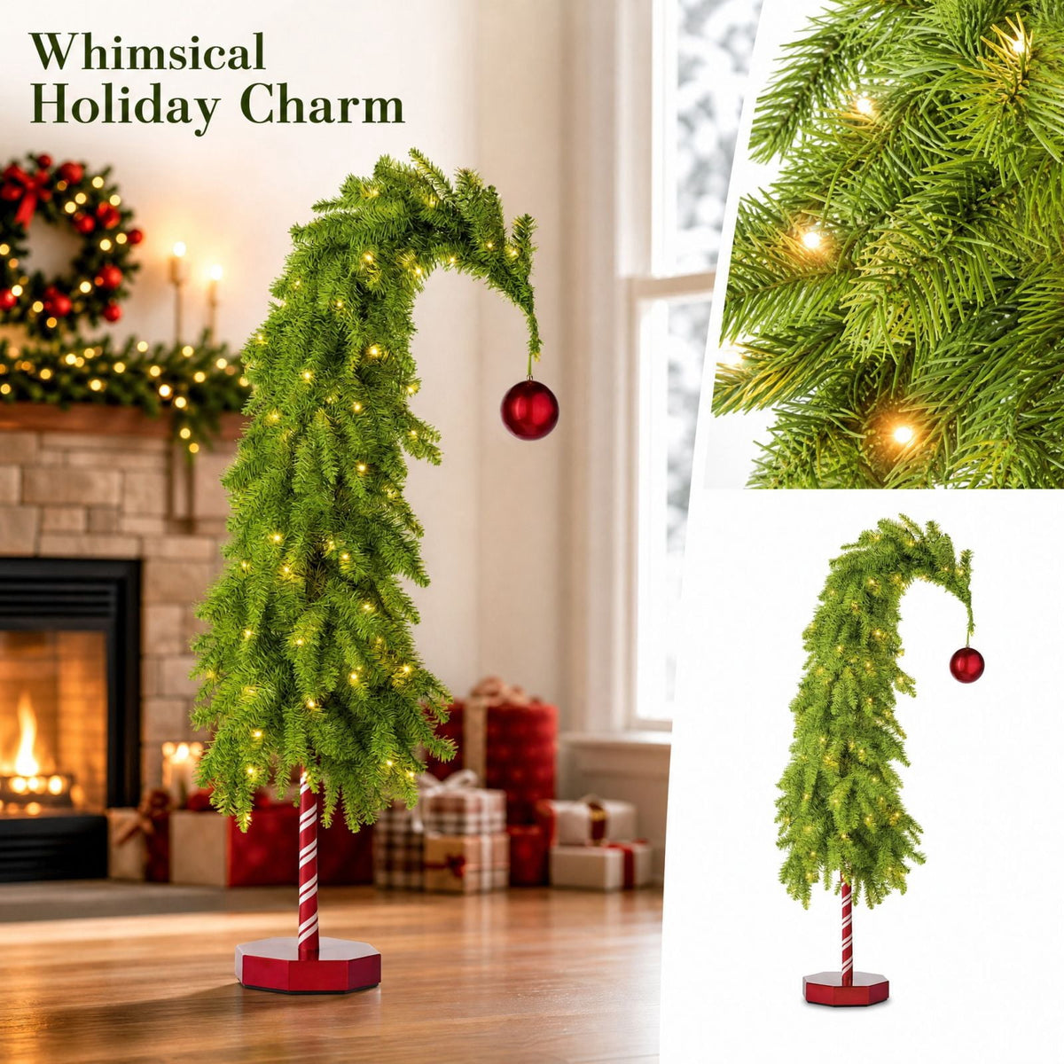 MInHoues 4.5Ft Whimsical Christmas Tree with Lights, Pre‑Lit Warm LED Bent Christmas Tree with Red Ornament, Candy Cane Base Tabletop Holiday Decor, Battery Operated Curved Xmas Tree for Home Party