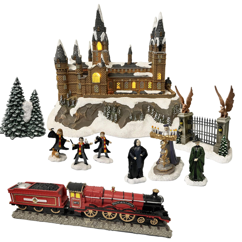 Moments In Time Harry Potter Christmas Village Set 10 Piece Lighted Castle Display Express Train, Gate, Trees and Character Figurines, Holiday Village Collection, Christmas Tabletop Home Decor