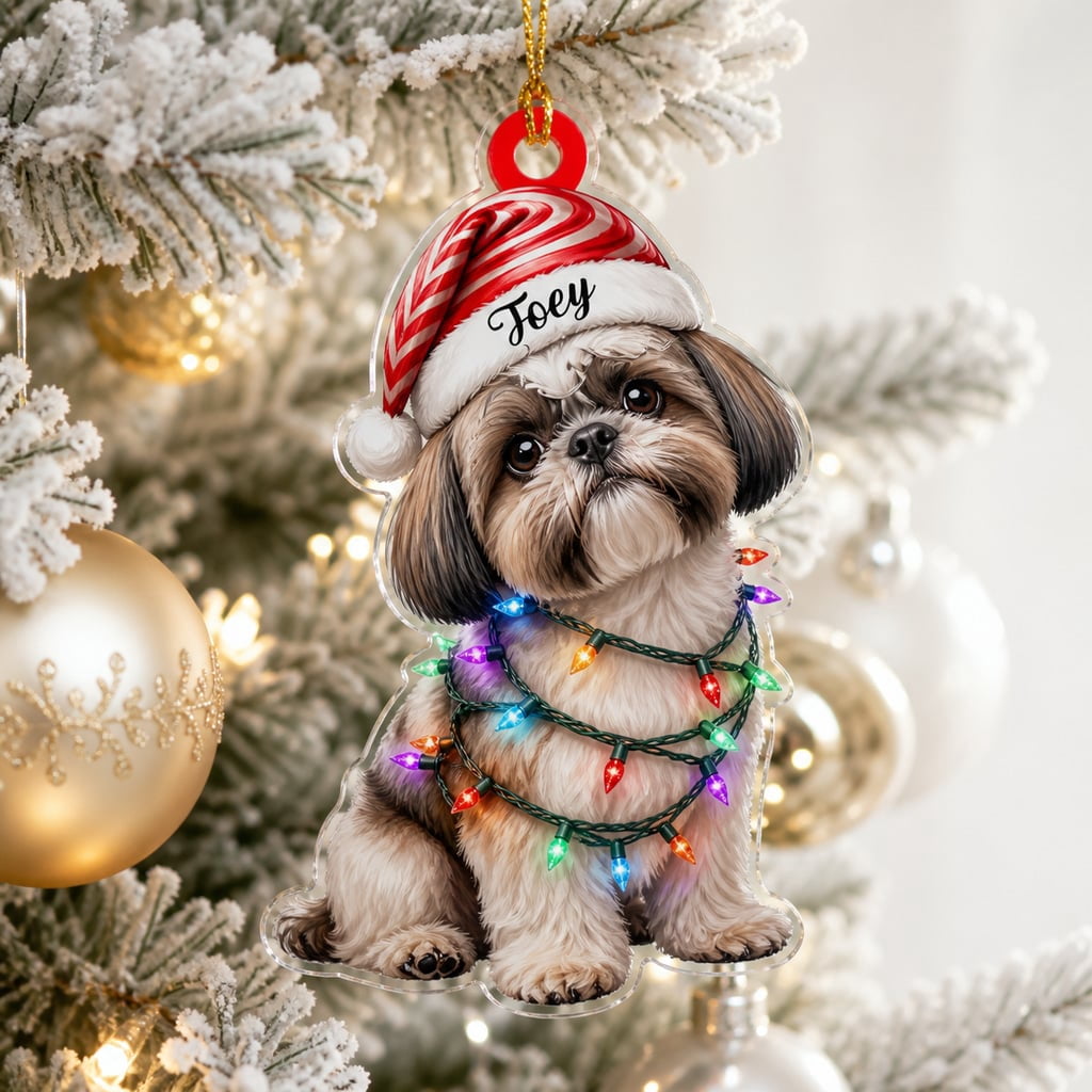 Ornament Custom Name Sitting Shih Tzu Dog Santa Hat Flat 2D Christmas Tree Hanging Decor for Pet Lovers