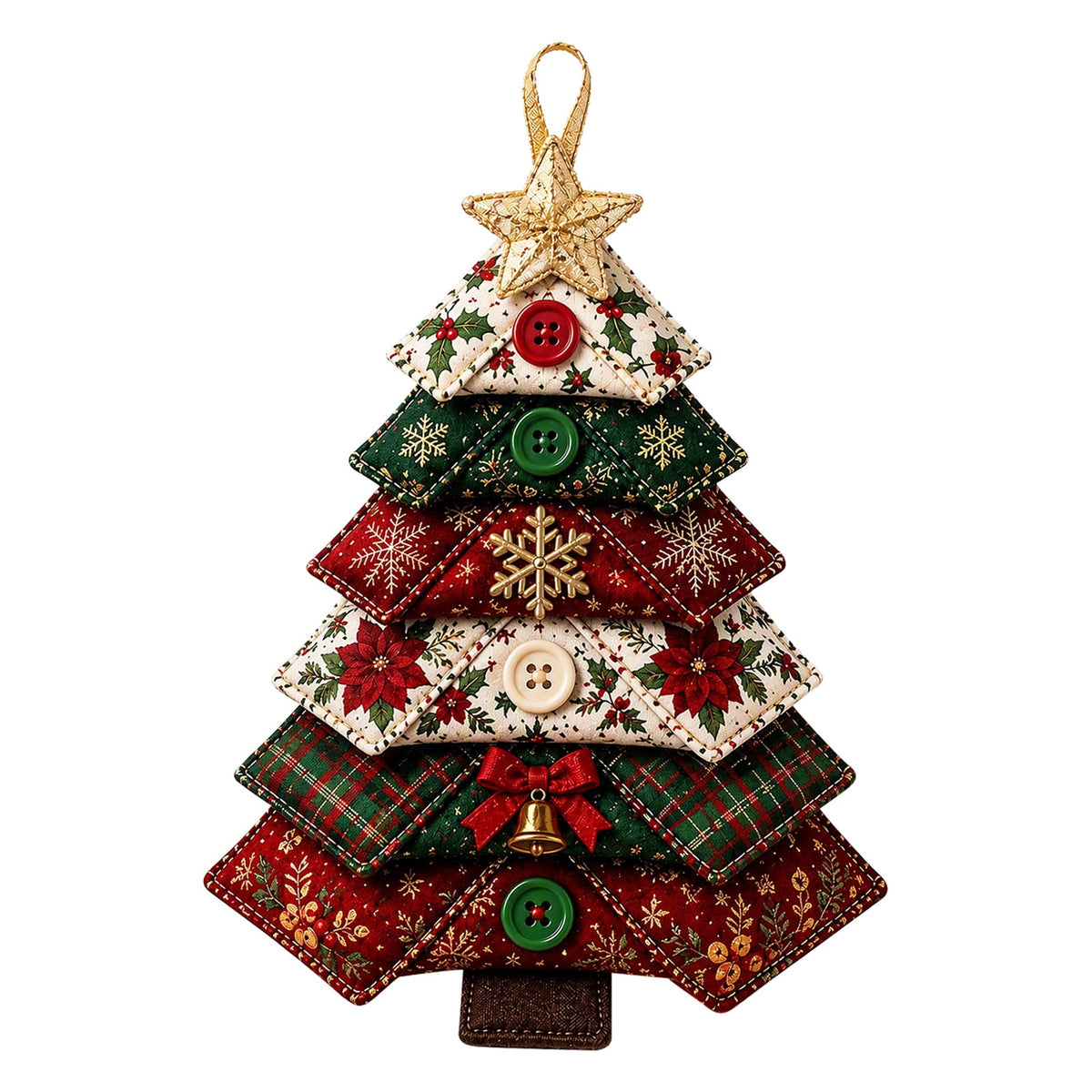 6 Pack Quilted Fabric Christmas Tree Ornament DIY Craft Set, Patchwork Xmas Tree Hanging Decoration with Buttons & Star for Farmhouse Holiday Decor