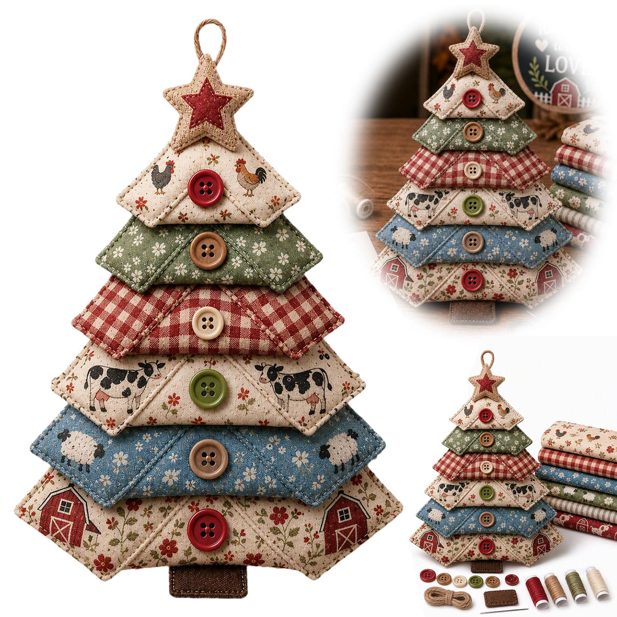 6 Pack Quilted Fabric Christmas Tree Ornament DIY Craft Set, Patchwork Xmas Tree Hanging Decoration with Buttons & Star for Farmhouse Holiday Decor