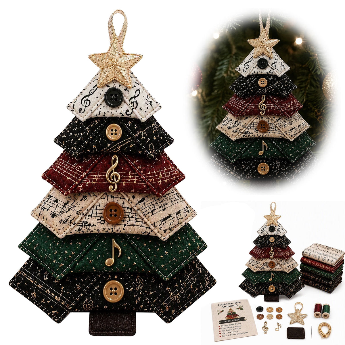 6 Pack Quilted Fabric Christmas Tree Ornament DIY Craft Set, Patchwork Xmas Tree Hanging Decoration with Buttons & Star for Farmhouse Holiday Decor
