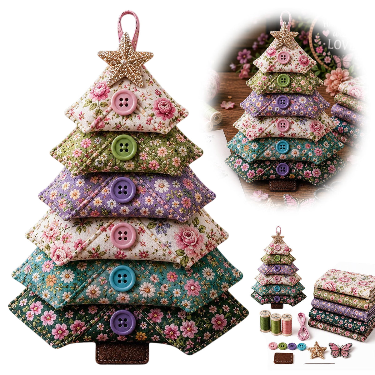 6 Pack Quilted Fabric Christmas Tree Ornament DIY Craft Set, Patchwork Xmas Tree Hanging Decoration with Buttons & Star for Farmhouse Holiday Decor