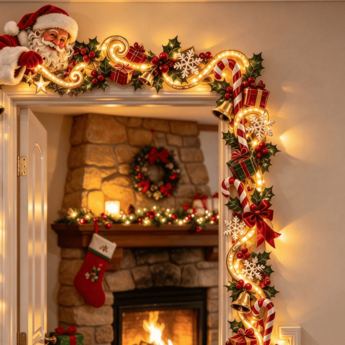 5Pcs Lighted Santa Christmas Stair Railing Decor Snow Scene Staircase Banister Garland with Warm Lights for Indoor Holiday