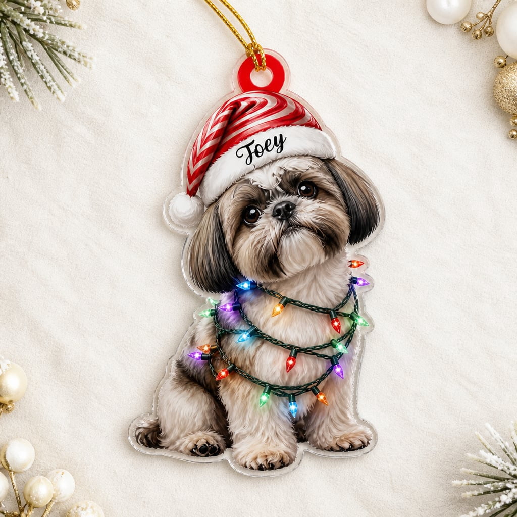 Ornament Custom Name Sitting Shih Tzu Dog Santa Hat Flat 2D Christmas Tree Hanging Decor for Pet Lovers