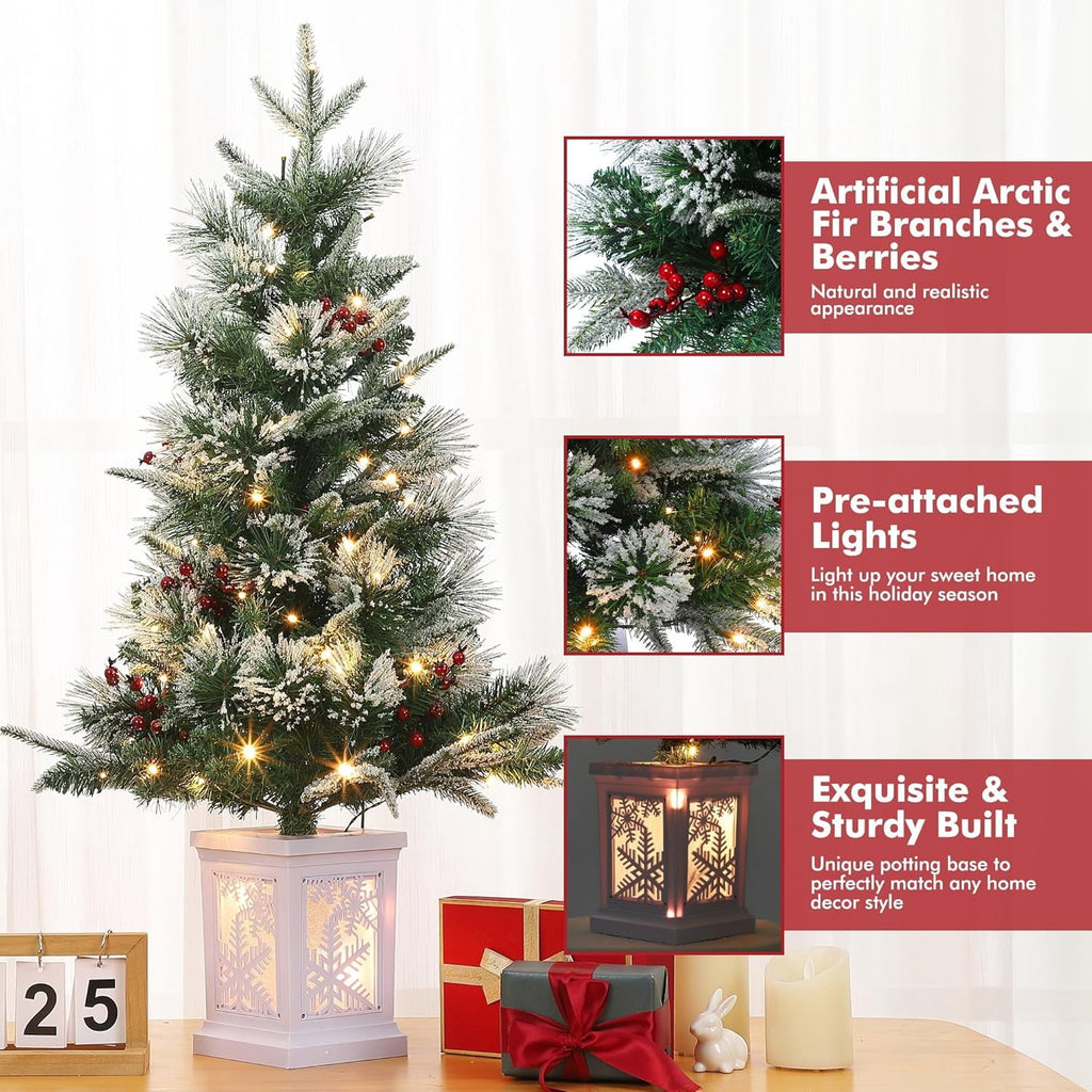 Flarhetoric 3FT Pre-Lit Snow Flocked Artificial Christmas Tree, 78 Warm White LEDs, 8 Lighting Modes, Red Berries, Easy Assembly, Tabletop Xmas Tree for Desk or Table Holiday Decor, Linen Base