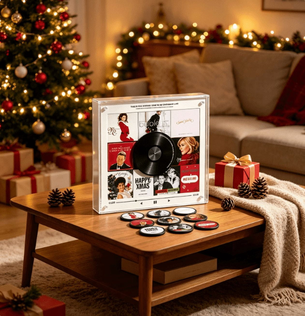 Christmas Music Refrigerator Stickers, Playable Magnetic Discs With Music Player Unit, Interactive Xmas Fridge Decor, Novelty Gift For Family Holiday Gatherings (B)