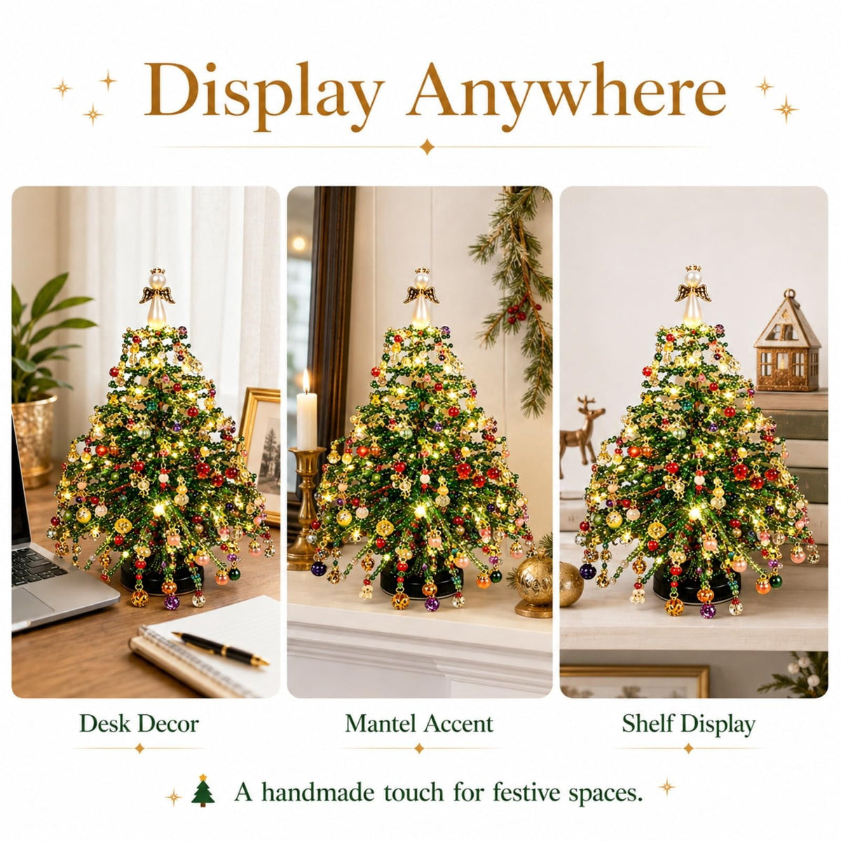 HIJUNE DIY Beaded Christmas Tree Kit, Crystal Holiday Craft Set for Adults, Colorful Beads, Ornament Charms, Metal Frame, Angel Topper, Warm Glow Display, Tabletop Decor