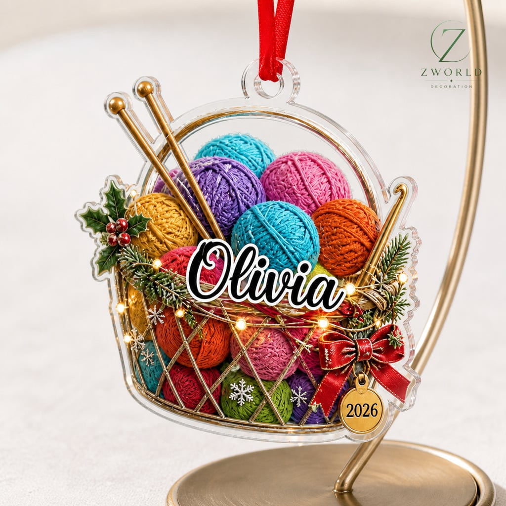Knitting Ornament Personalized Yarn Lover Acrylic Christmas Tree Decor for Knitters