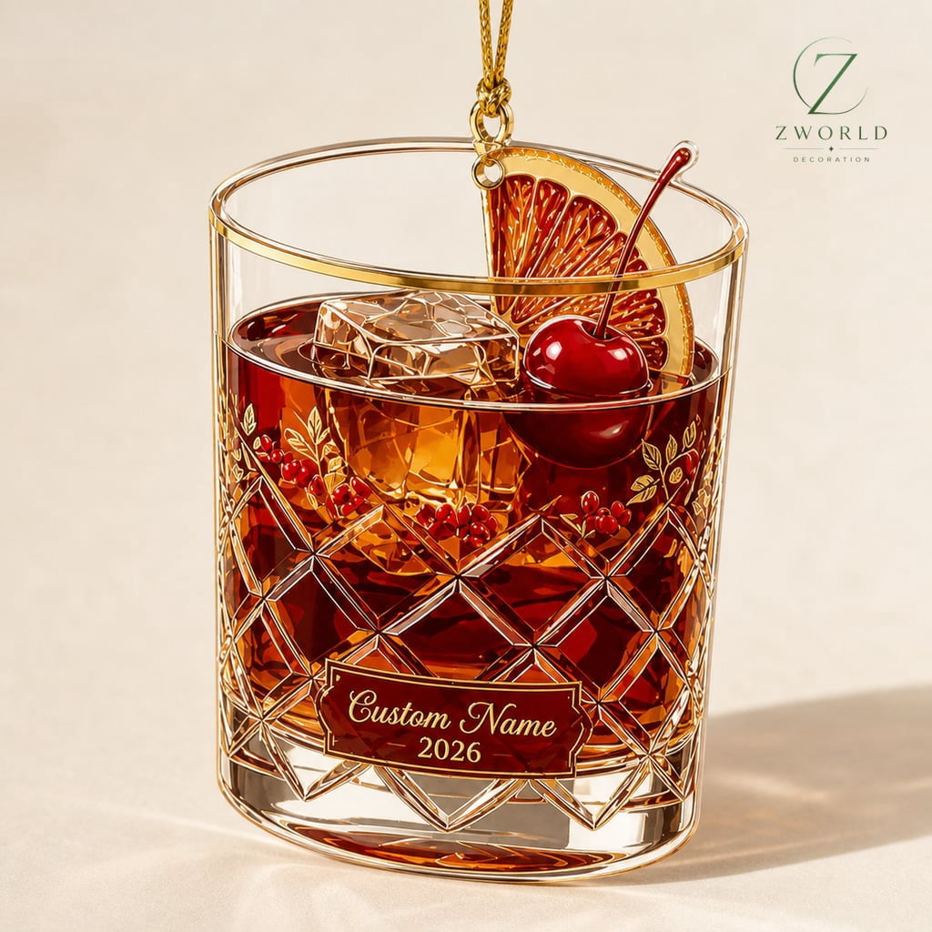 Whiskey Glass Ornament Personalized Name Acrylic Christmas Tree Decor Cocktail Lovers