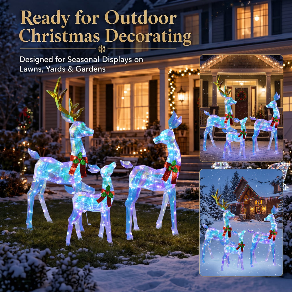 48" 3-Piece 2.5D Colorful Lighted Christmas Deer Family Outdoor Decorations, Clear-Look Reindeer Set with 145 Lights, Gold Antlers, Stakes and Zip Ties for Yard Lawn Porch Garden Holiday Decor