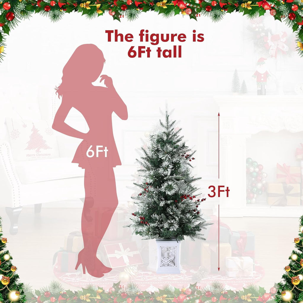 Flarhetoric 3FT Pre-Lit Snow Flocked Artificial Christmas Tree, 78 Warm White LEDs, 8 Lighting Modes, Red Berries, Easy Assembly, Tabletop Xmas Tree for Desk or Table Holiday Decor, Linen Base