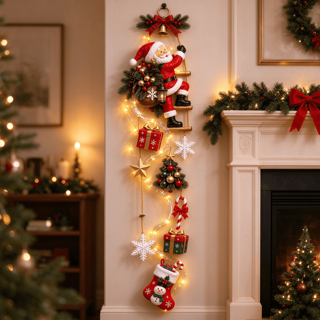 Christmas Staircase Banister Decor Set of 5 Lighted Santa Snow Scene Garland for Stair Railing Indoor Seasonal Home Ornament