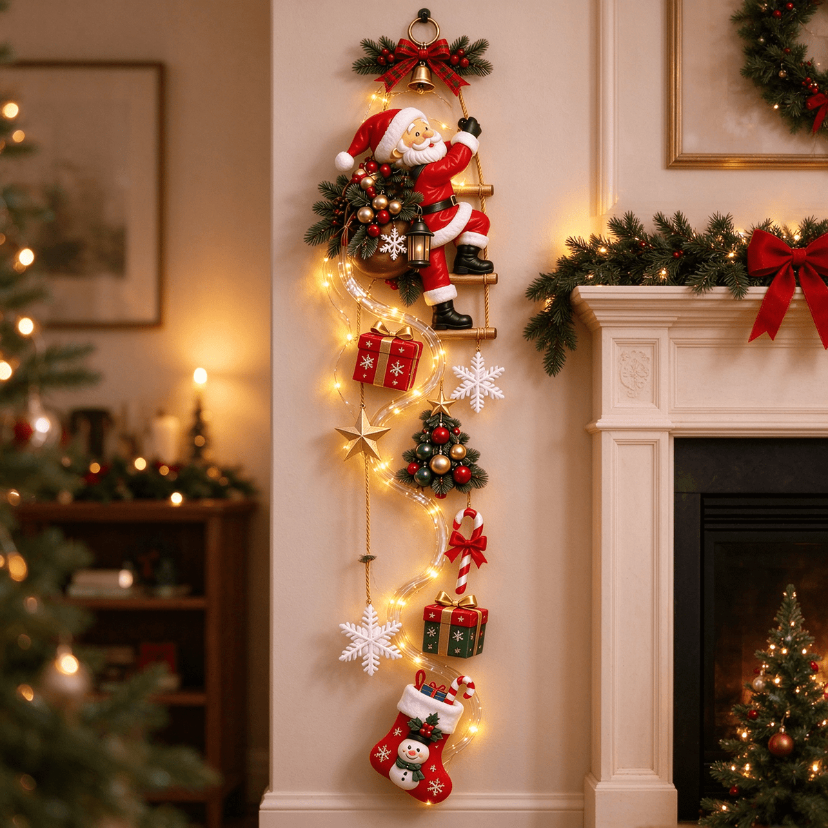 Christmas Staircase Banister Decor Set of 5 Lighted Santa Snow Scene Garland for Stair Railing Indoor Seasonal Home Ornament