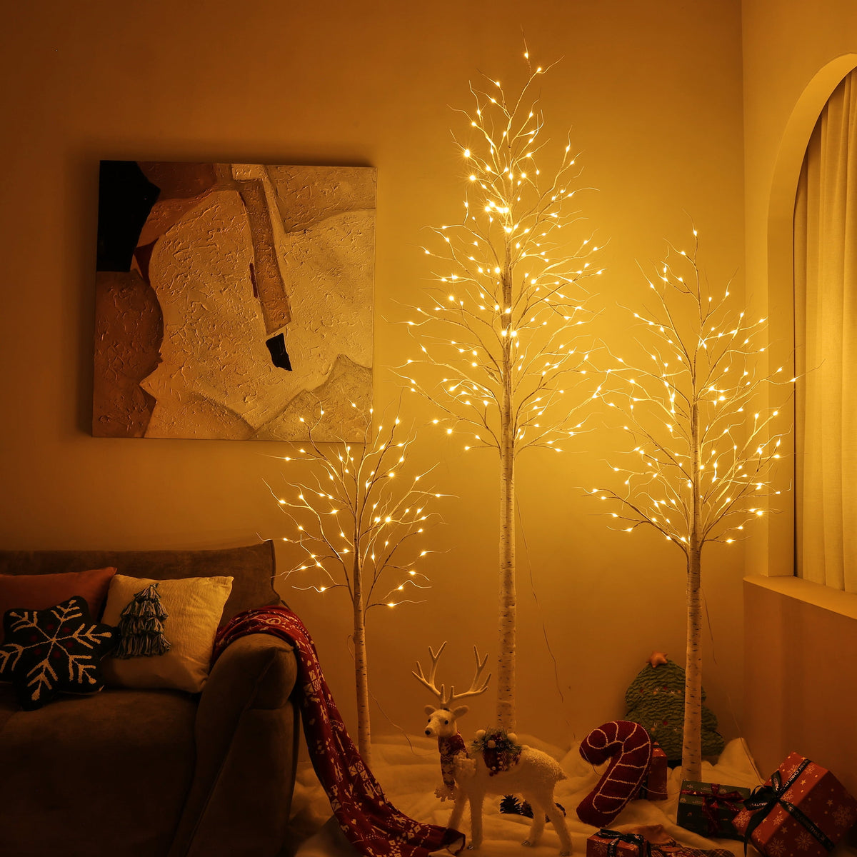 DR.Planzen LED Birch Tree Light Set - 4ft, 6ft, 8ft Artificial Pre-lit Trees - with Plug-in Warm Lights - Indoor Outdoor Christmas Holiday Wedding Decor for Home Party (3-Pack)