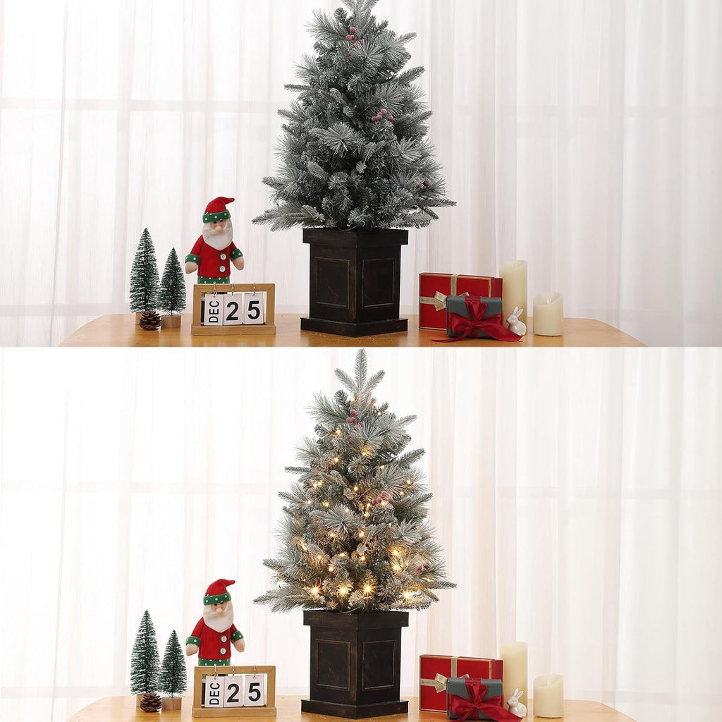 Flarhetoric 3FT Pre-Lit Snow Flocked Artificial Christmas Tree, 78 Warm White LEDs, 8 Lighting Modes, Red Berries, Easy Assembly, Tabletop Xmas Tree for Desk or Table Holiday Decor, Linen Base